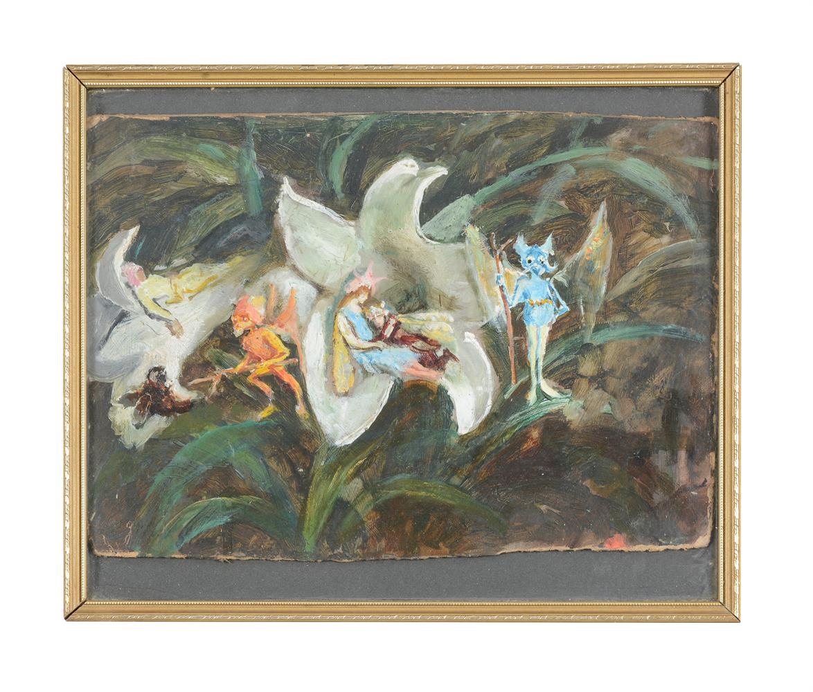 Artwork by John Anster Fitzgerald, FAIRIES ASLEEP IN A FLOWER HEAD, Made of Oil on board