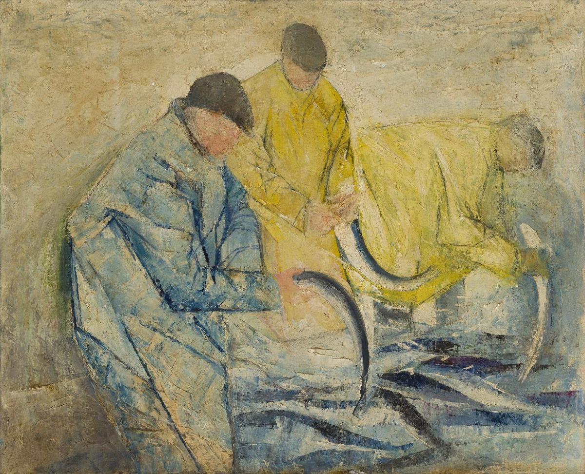 Artwork by Robin Wylie, Three fishermen (with portrait of a man on the reverse), Made of oil on canvas
