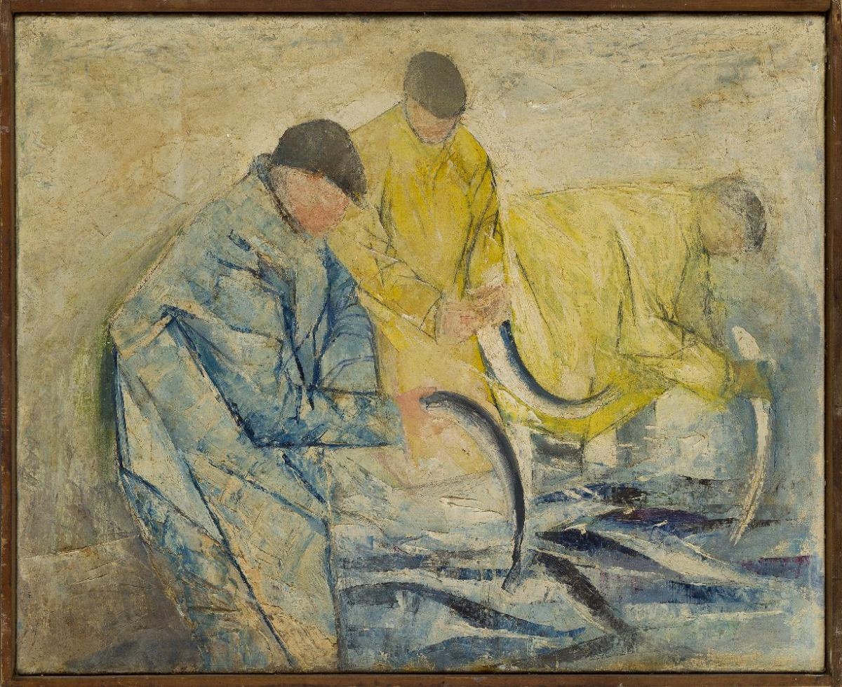 Artwork by Robin Wylie, Three fishermen (with portrait of a man on the reverse), Made of oil on canvas