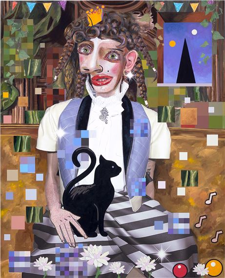 A surreal portrait of a figure with an elongated face and braided hair, holding a black cat against a pixelated background.