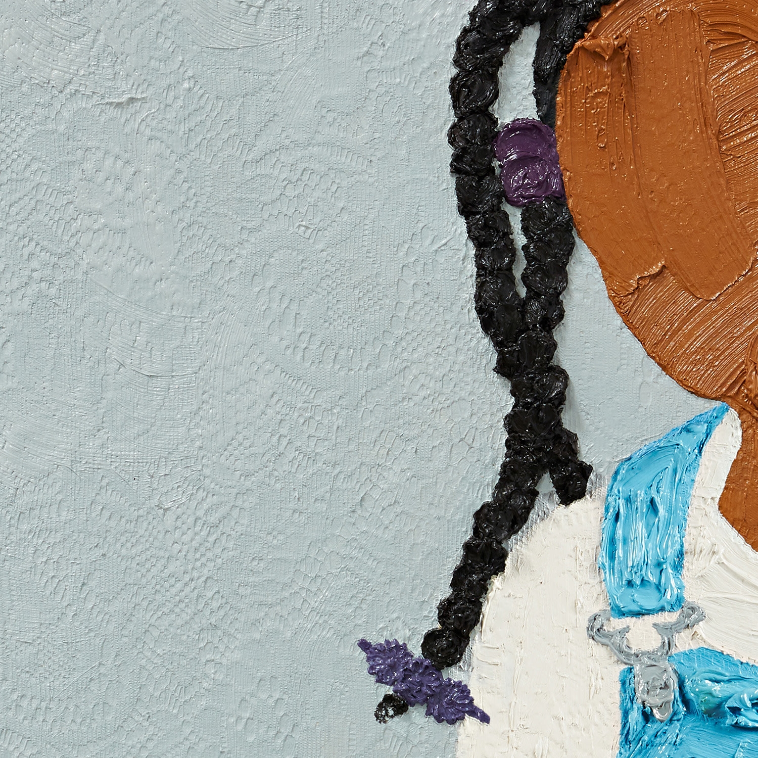 A thickly textured portrait of a figure in blue overalls against a muted background.