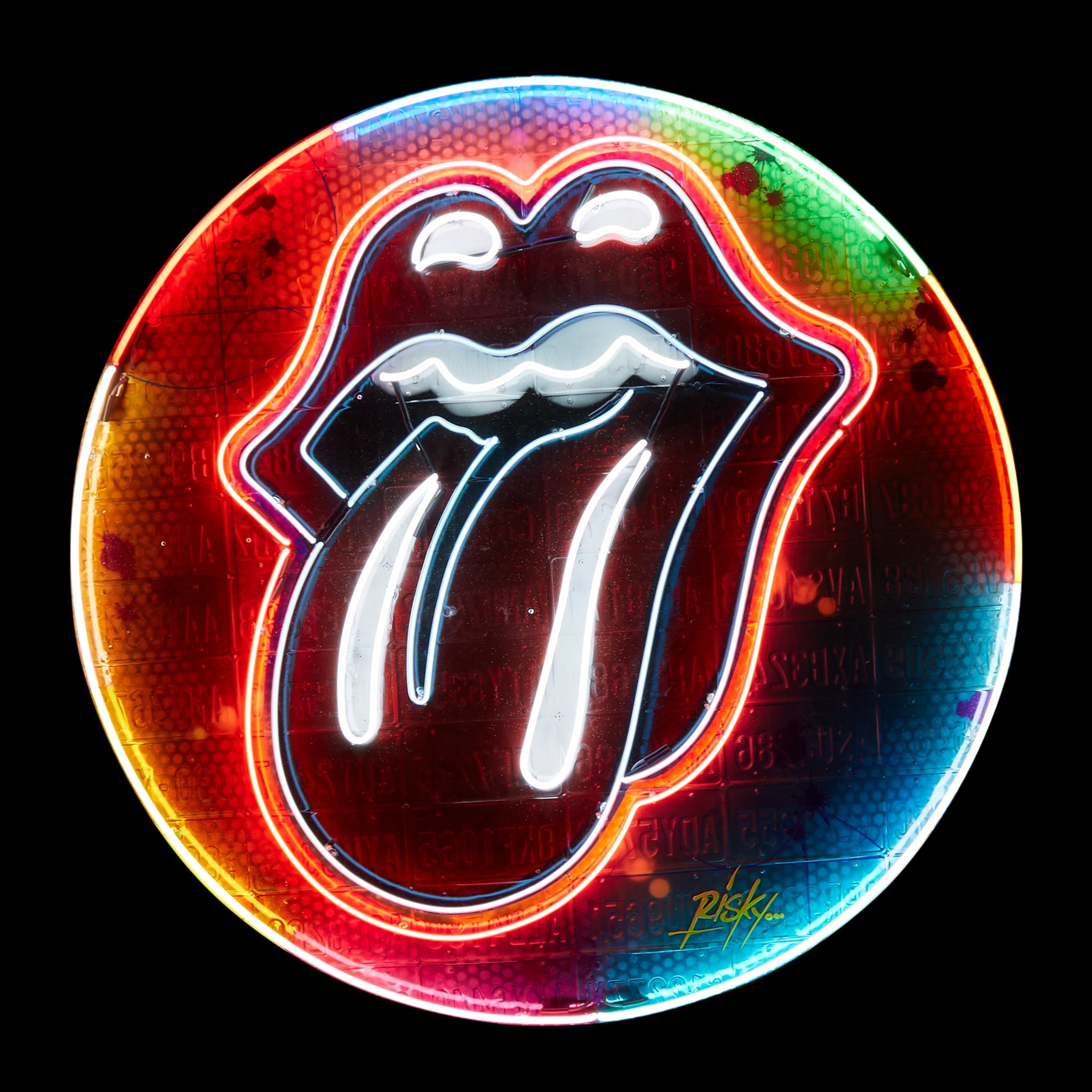 Artwork by RISK, Neon Rolling Stones Tongue, Made of plates, resin and neon