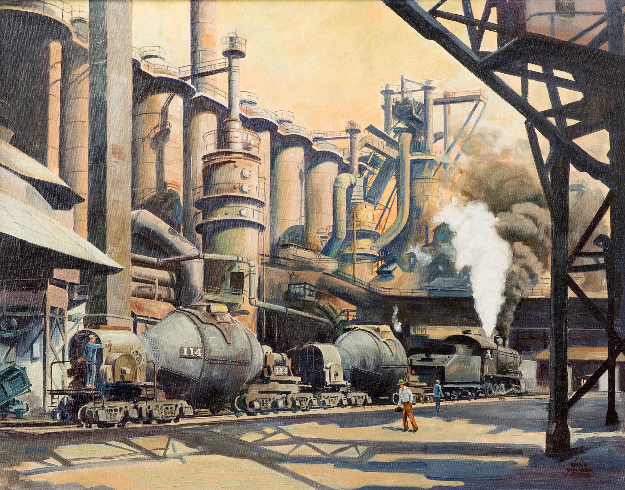 Artwork by Hans Josef Zimmer, Steam engine at a factory, Made of Oil on canvas
