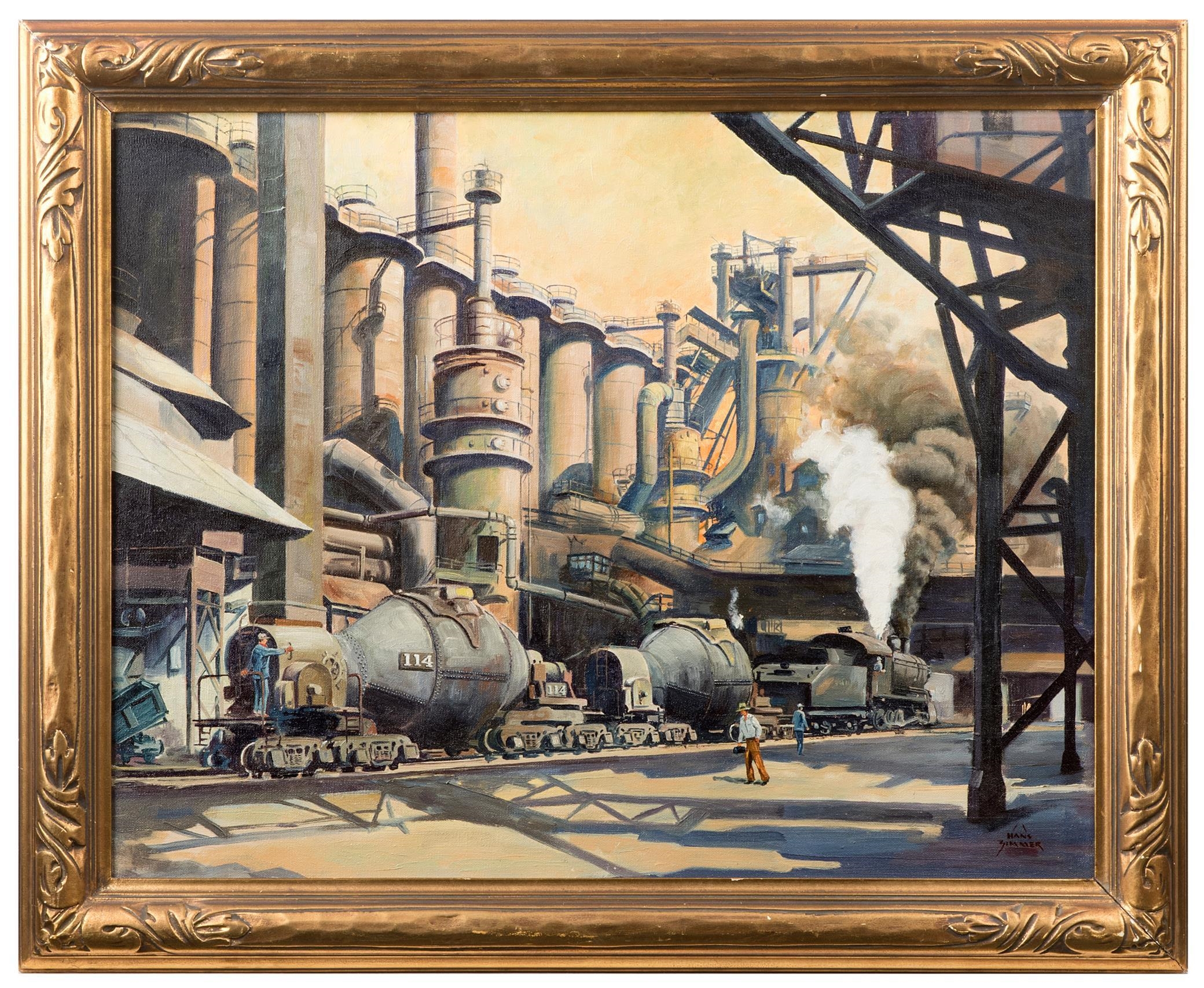 Artwork by Hans Josef Zimmer, Steam engine at a factory, Made of Oil on canvas
