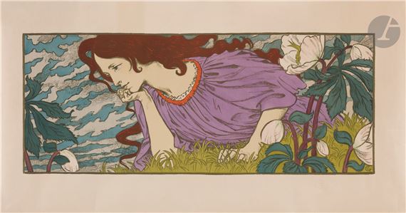 A stylized figure in a purple dress rests amidst large white flowers against a blue sky background.