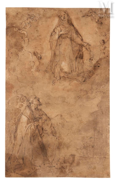Artwork by Jacopo Chimenti, La Vierge apparaissant à un évêque, Made of Pen and black and brown ink, heightened with white gouache