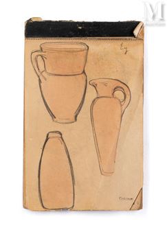 Carnet d’environ 72 dessins représentant des études de vases, personnages drapés, sculptures, objets d’arts grecs, égyptiens et étrusques - Emile Carayon