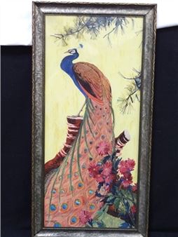 Hans H. Volck Original Oil on Canvas Peacock: A beautiful original oil on canvas of a peacock by Hans H. Volck. Stunning piece framed behind glass. Measures 37 x 18.5. Very nice Cleveland School Painting. - Hans H. Volck