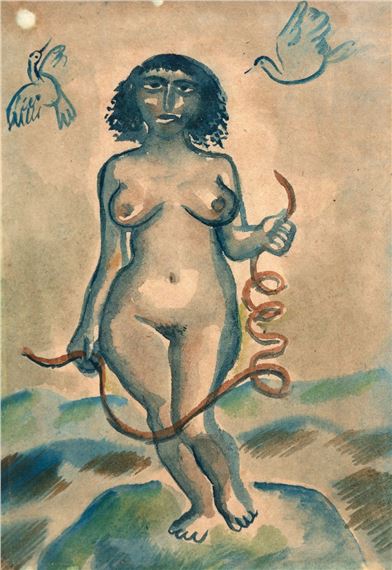 A stylized watercolor painting of a nude female figure holding snakes with birds in the sky.