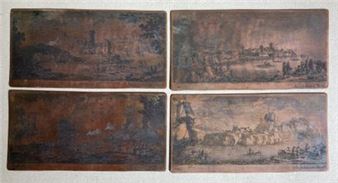 4 copperplates : Bridge near a city - Ships near the shore - City near the shore - Sailboat and boats. by Gabriel Perelle