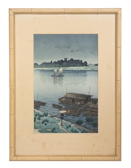 Shin-hanga woodblock print "Summer Rain" (Arakawa) by Hasui Kawase