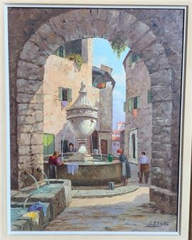 Oil on canvas representing a view of a fountain in St Paul de Vence - Clement Boyer