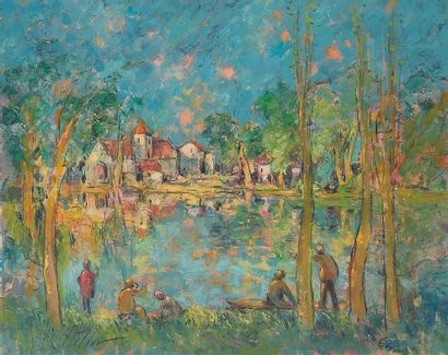 Artwork by Vic Stiller, Partie de pêche sur l’étang, Made of Oil on canvas