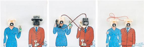 Lady telephone meets man-telephone I, II, III by Marie-Louise Ekman, 1974