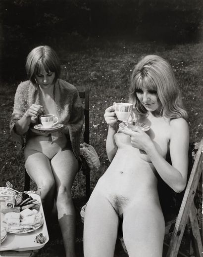 Naturism, tea, on the beach, couple, nudes with tennis racket and football by Russell Gay, circa 1960