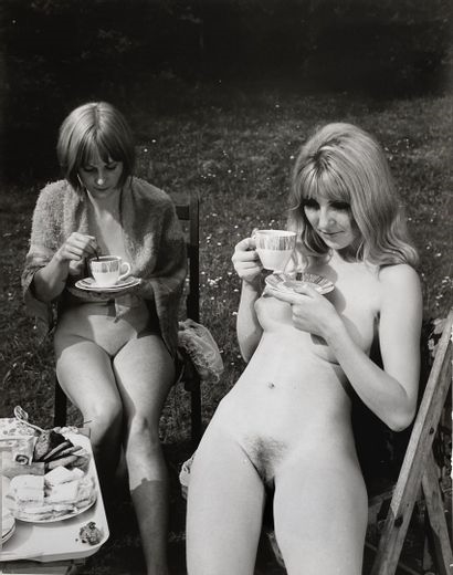 Artwork by Russell Gay, Naturism, tea, on the beach, couple, nudes with tennis racket and football, Made of silver prints