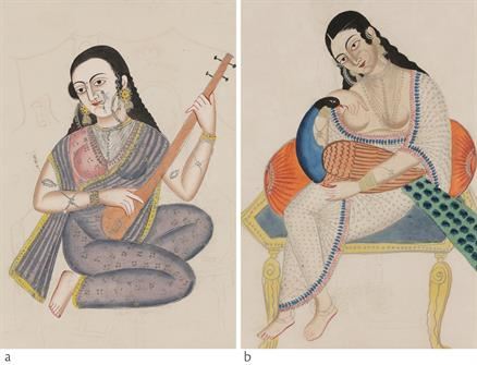 a) Untitled (Woman Playing a Musical Instrument, Tanpura), b) Untitled (Woman with Peacock), Bonhams, London, 23 October 2018, lot 154 b) and f) by Kalighat Pat, Mid 19th century