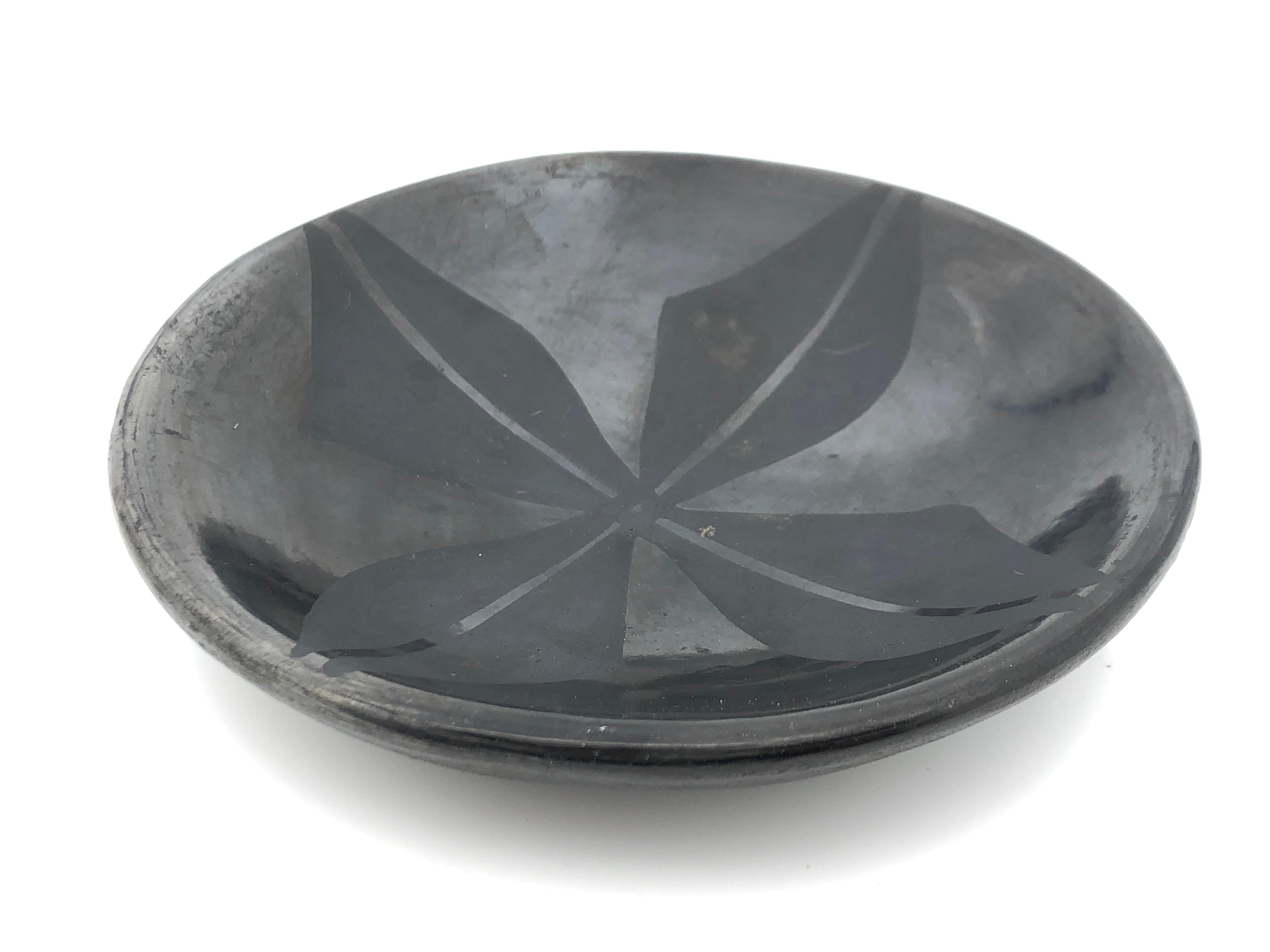 Artwork by Maria Montoya Martinez, Santana Roybal Martinez, MARIA MARTINEZ & SANTANA MARTINEZ SAN ILDEFONSO PUEBLO GUNMETAL PLATE, Made of Pottery Ceramic