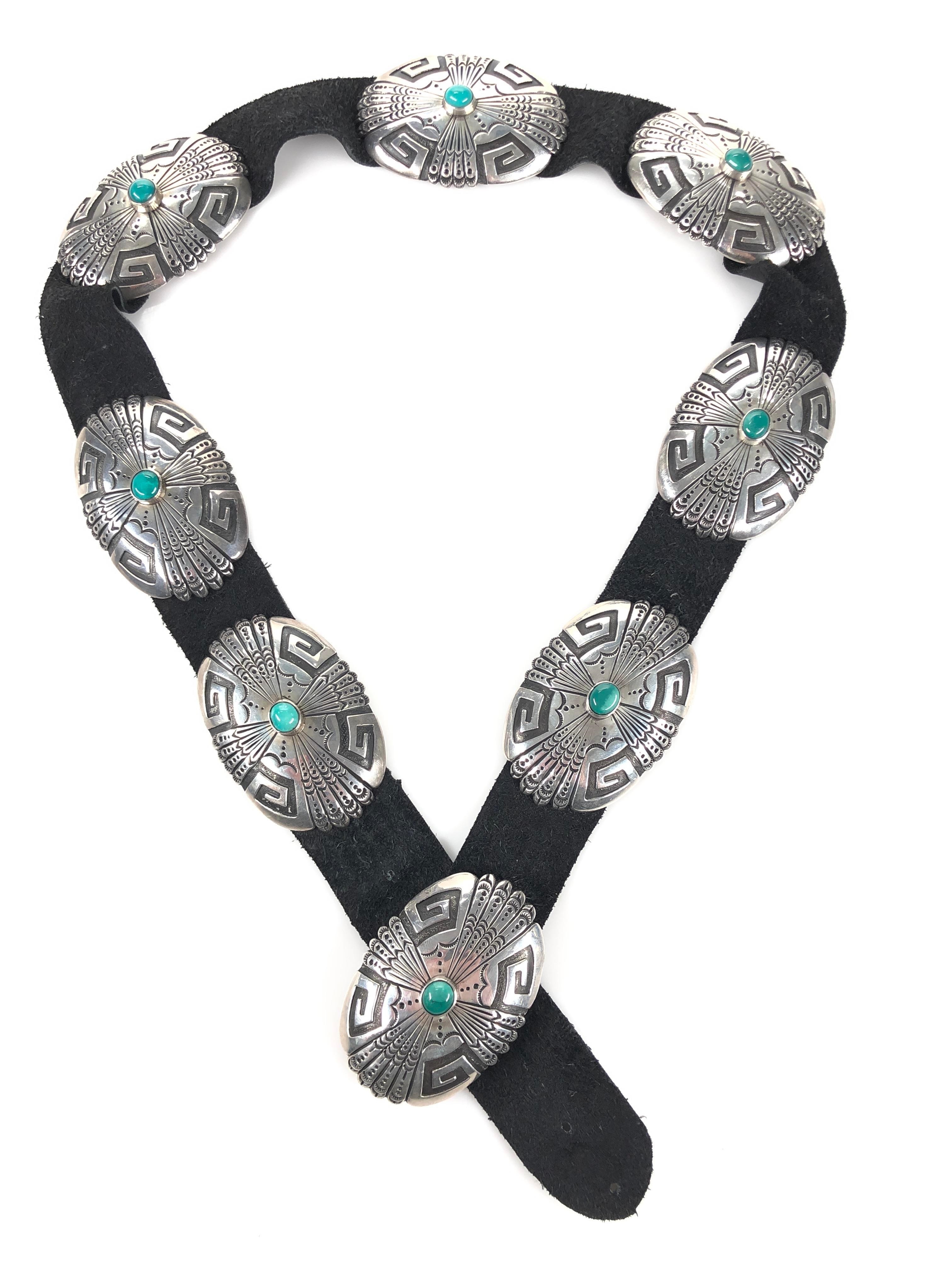 Artwork by Tommy Singer, THOMAS  SINGER NAVAJO STERLING SILVER TURQUOISE CONCHO BELT, Made of Silver, Turquoise