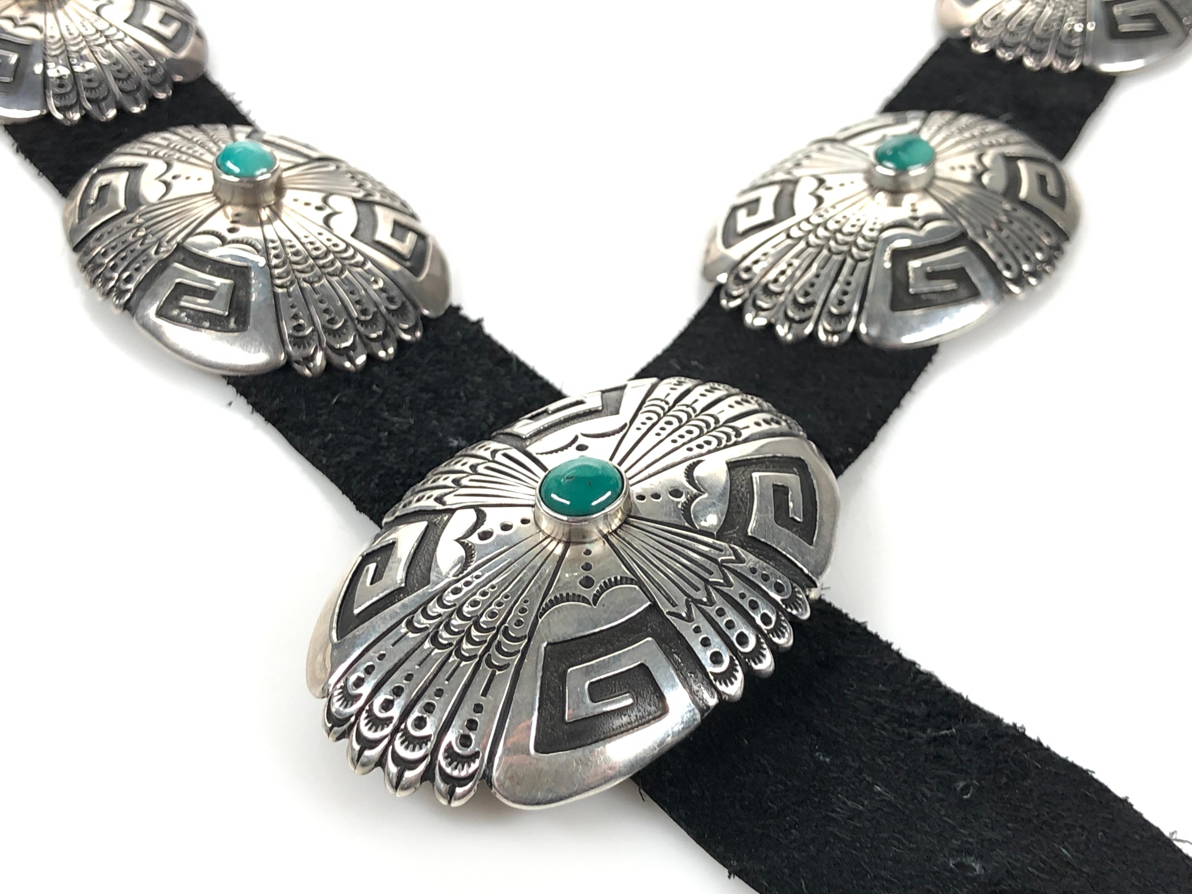 Artwork by Tommy Singer, THOMAS  SINGER NAVAJO STERLING SILVER TURQUOISE CONCHO BELT, Made of Silver, Turquoise