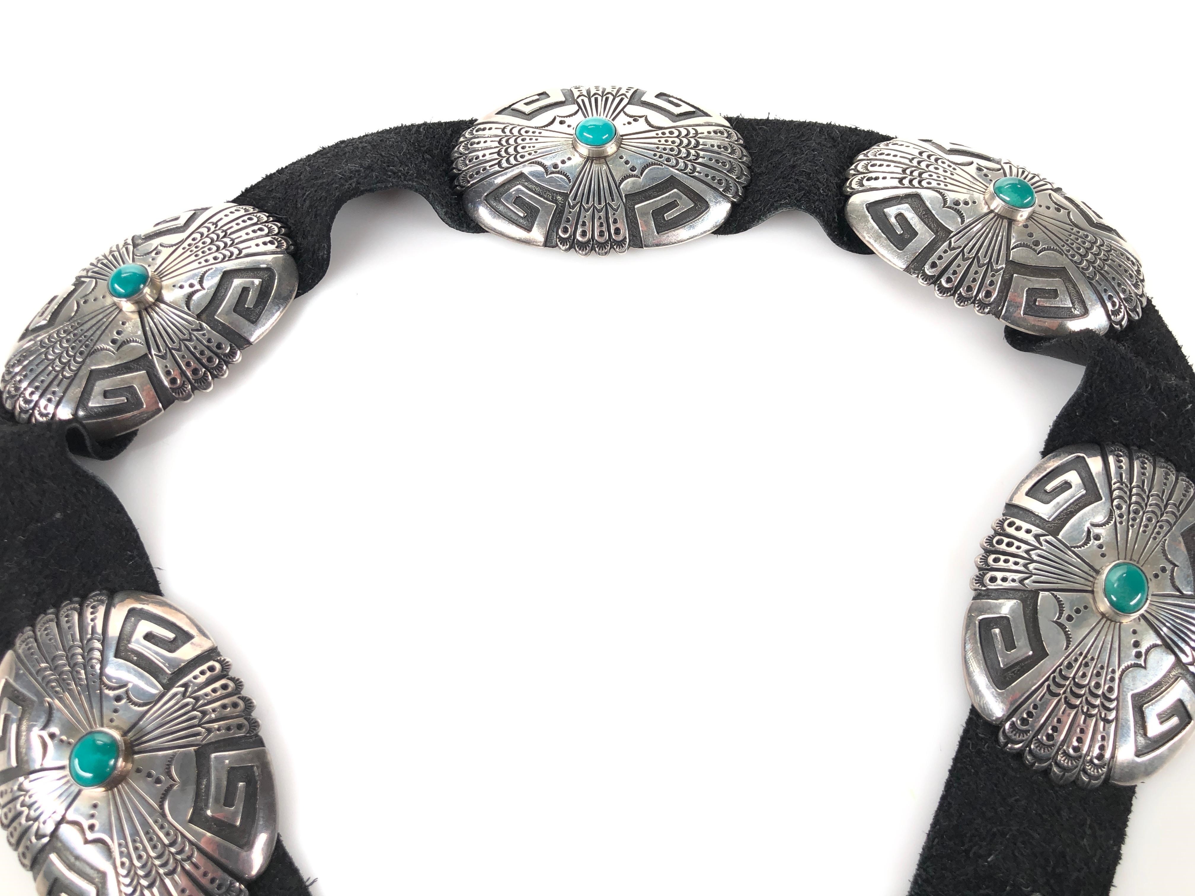 Artwork by Tommy Singer, THOMAS  SINGER NAVAJO STERLING SILVER TURQUOISE CONCHO BELT, Made of Silver, Turquoise