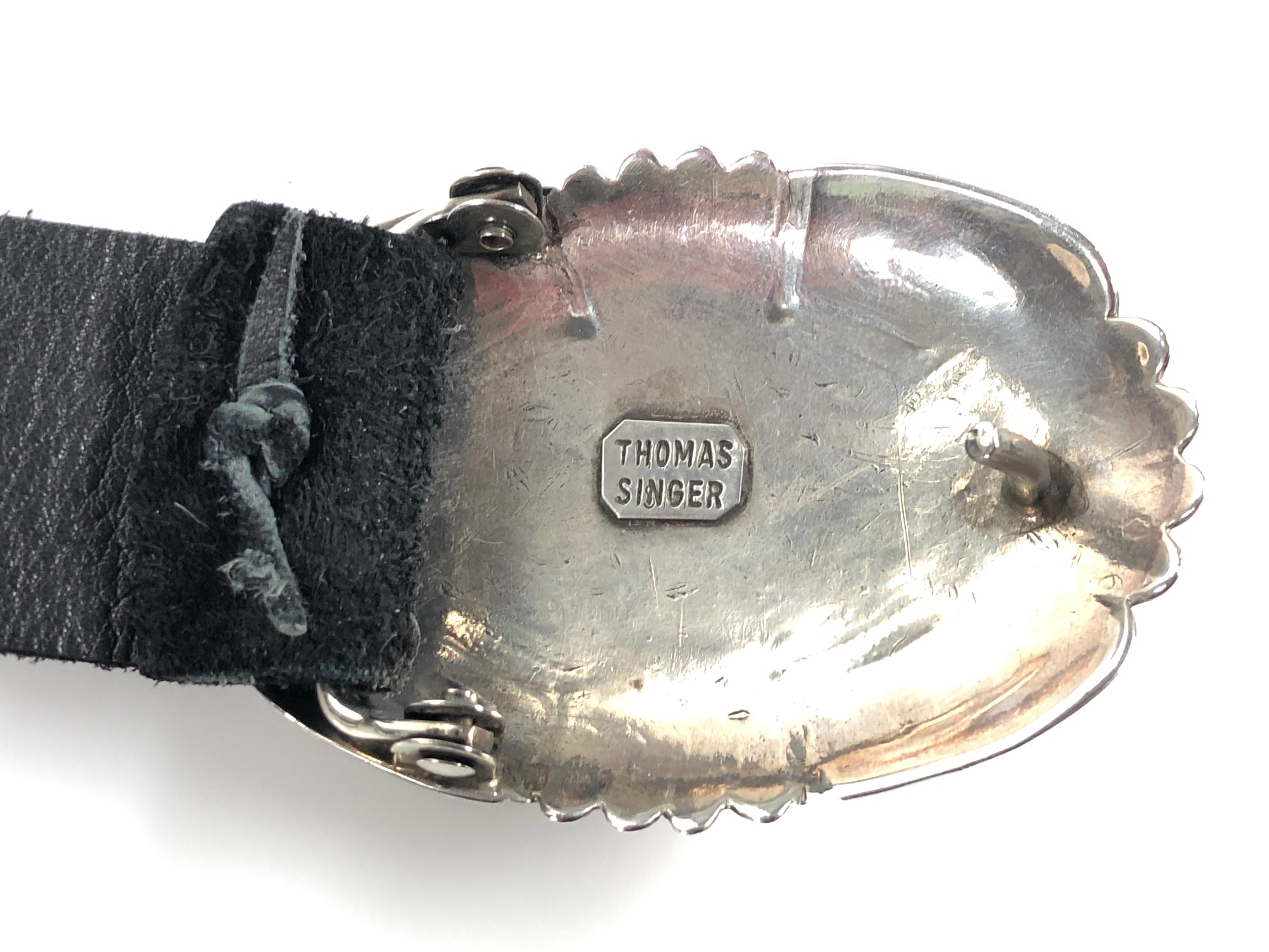 Artwork by Tommy Singer, THOMAS  SINGER NAVAJO STERLING SILVER TURQUOISE CONCHO BELT, Made of Silver, Turquoise