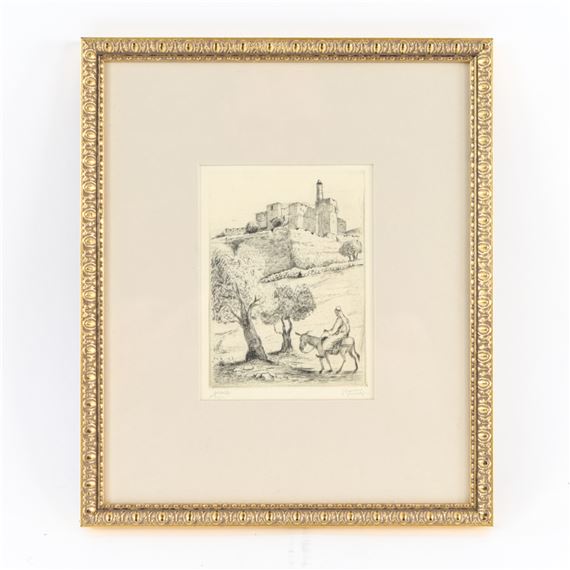 Pencil signed etching of a man on a donkey before a citadel. Signed J Eisenberg