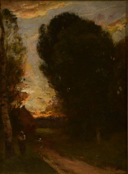 Artwork by Louis Alexandre Bouché, Two characters on a road at sunset, Made of Oil on canvas