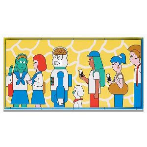 A colorful cartoon illustration of a diverse group of people standing in a line against a honeycomb background.