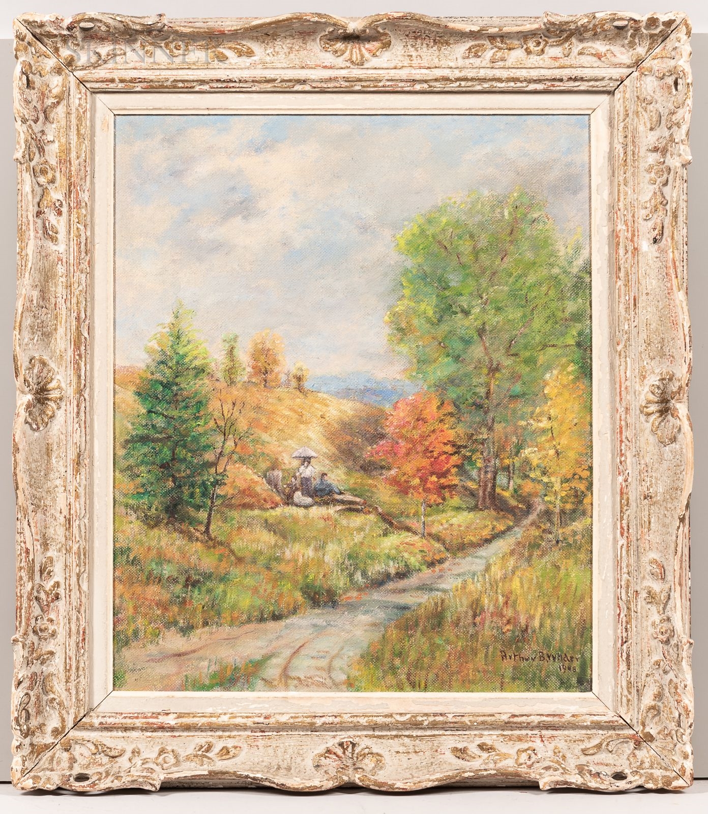 Artwork by Arthur B. Wilder, Country Road with Figures on the Hillside., Made of Oil on Masonite