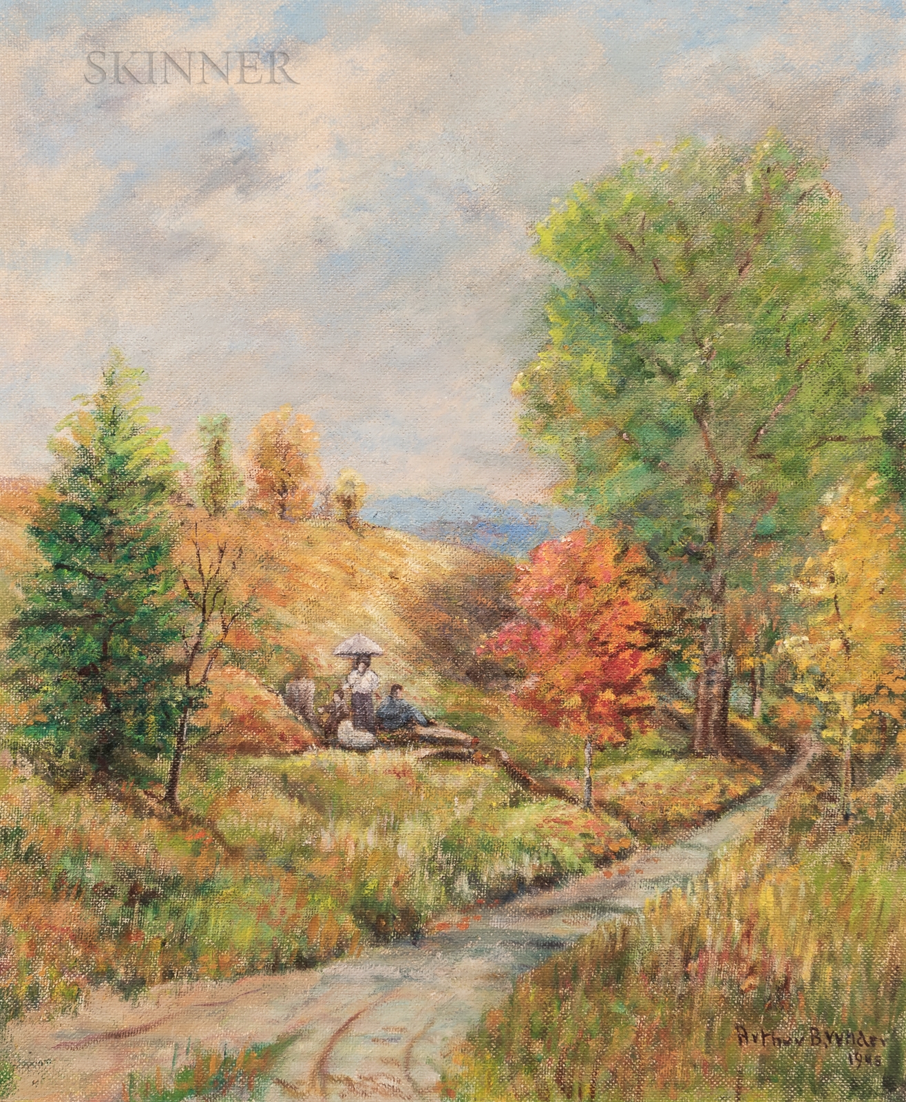 Artwork by Arthur B. Wilder, Country Road with Figures on the Hillside., Made of Oil on Masonite