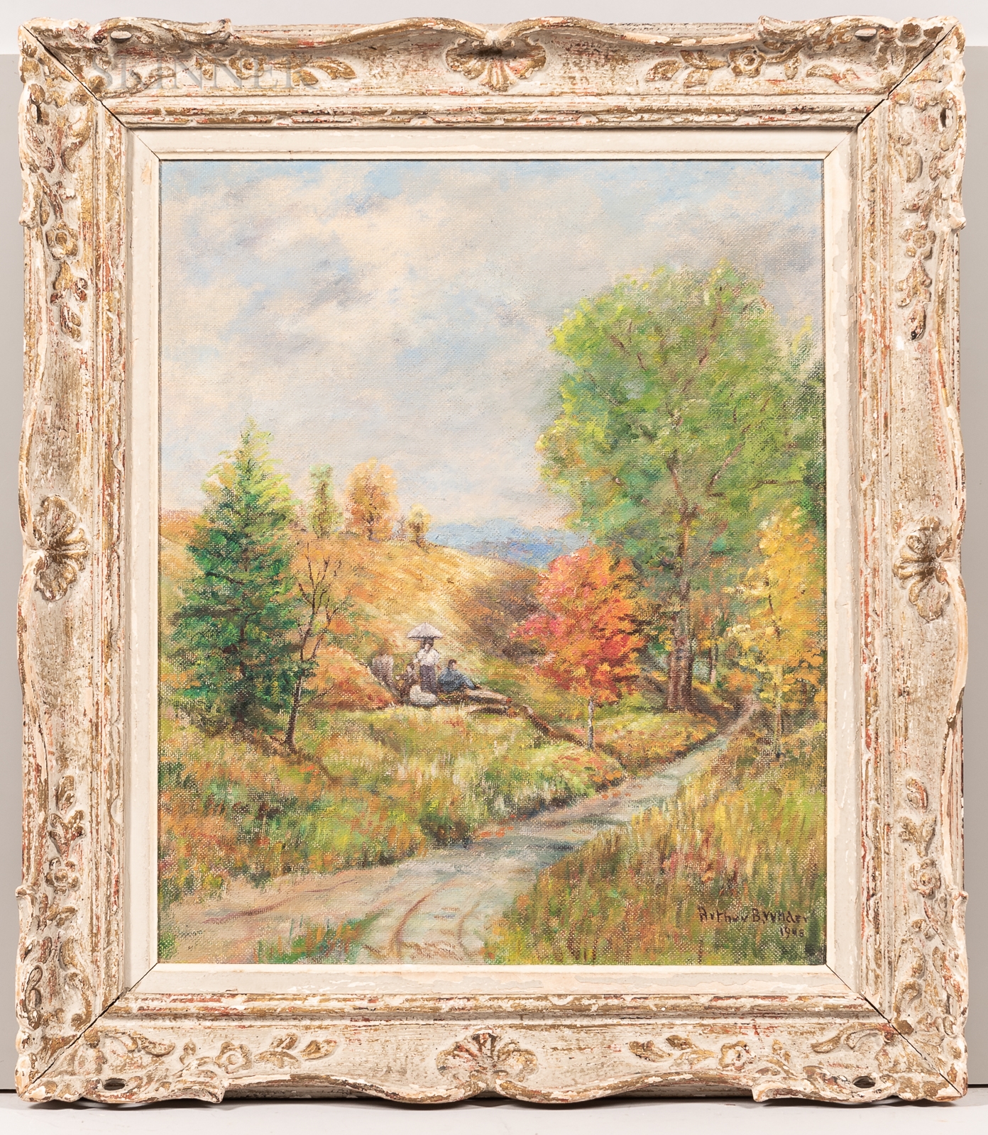 Artwork by Arthur B. Wilder, Country Road with Figures on the Hillside., Made of Oil on Masonite