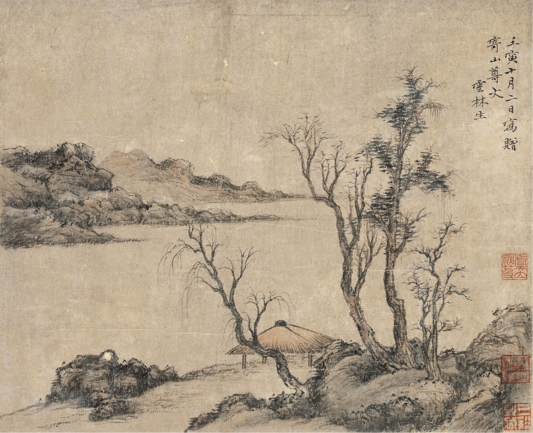 Artwork by Ni Zan, Autumn River Pavilion, Made of paper