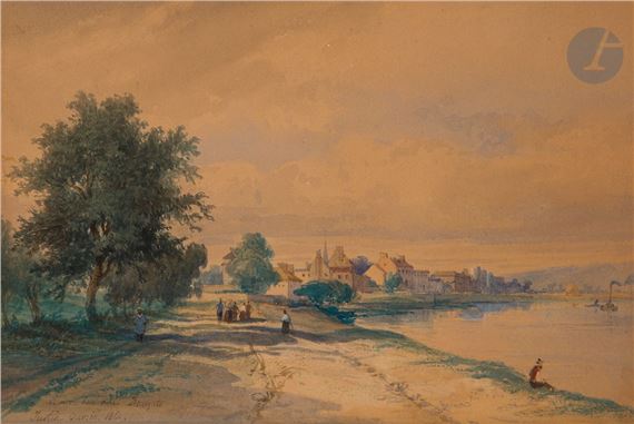 Route animée au bord d’un fleuve by Pierre Justin Ouvrié, 1860