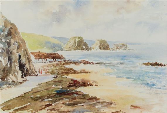 A watercolor seascape capturing a rocky coastline with distant sea stacks under a soft sky.