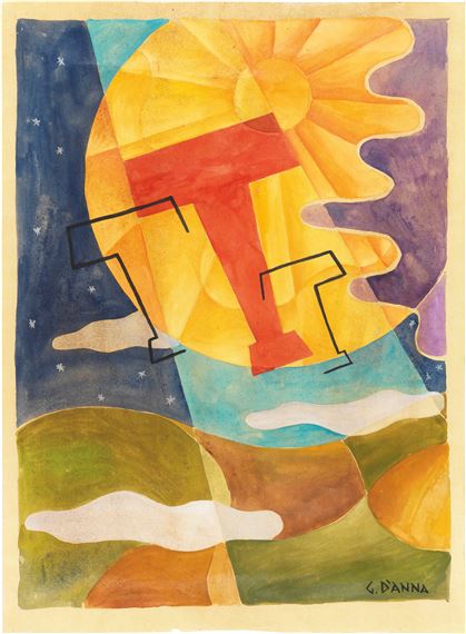 A vibrant abstract landscape featuring a stylized sun and geometric letterforms against a starry night sky.