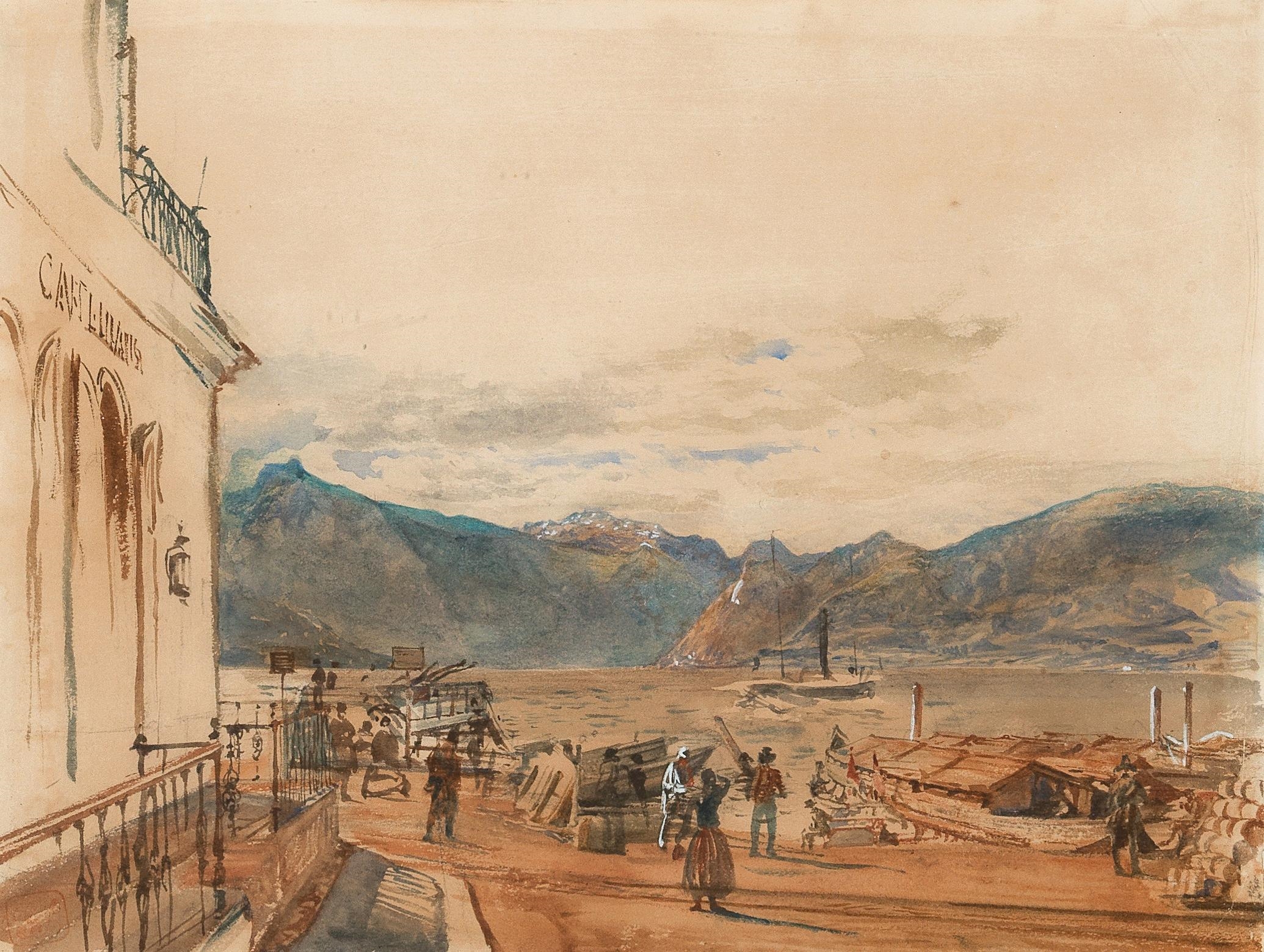 The town square in Gmunden with a view of the “Schlafende Griechin” (mountain) and Lake Traunsee by Rudolf von Alt, circa 1860