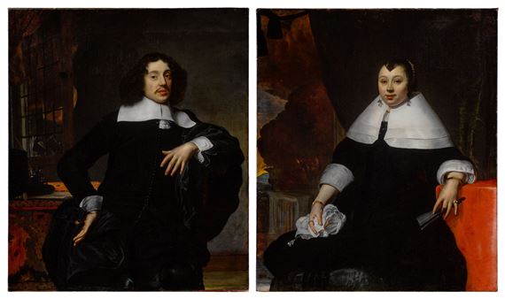 Portrait of a man standing before a desk and curtain, three-quarter length; Portrait of a woman seated before a landscape and curtain by Jan de Baen