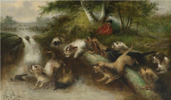 Otter Hounds and Huntsman crossing the river by Edward Armfield