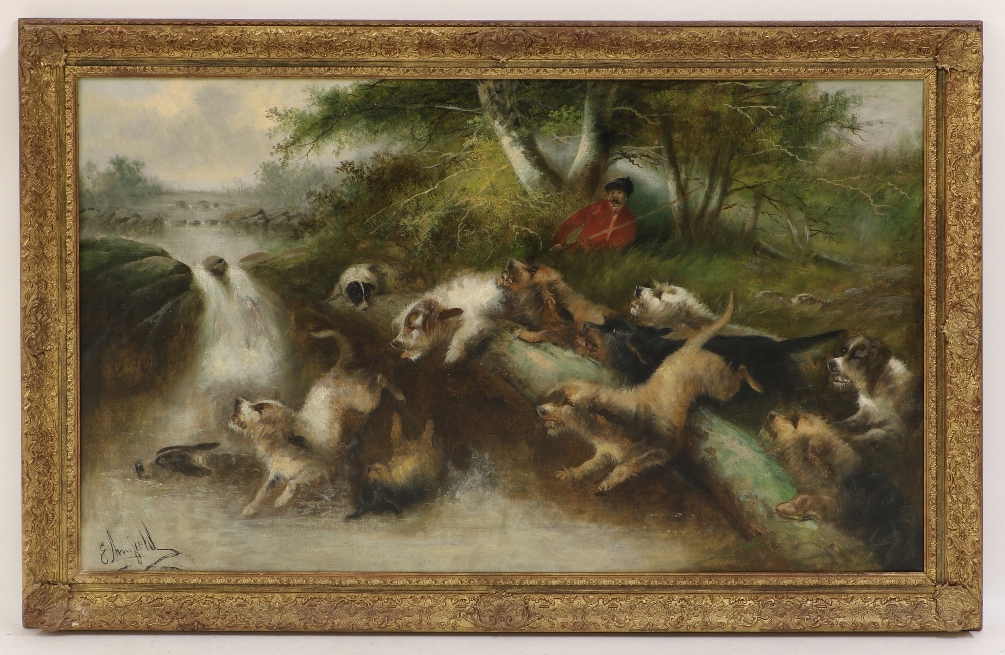 Artwork by Edward Armfield, Otter Hounds and Huntsman crossing the river, Made of oil on canvas