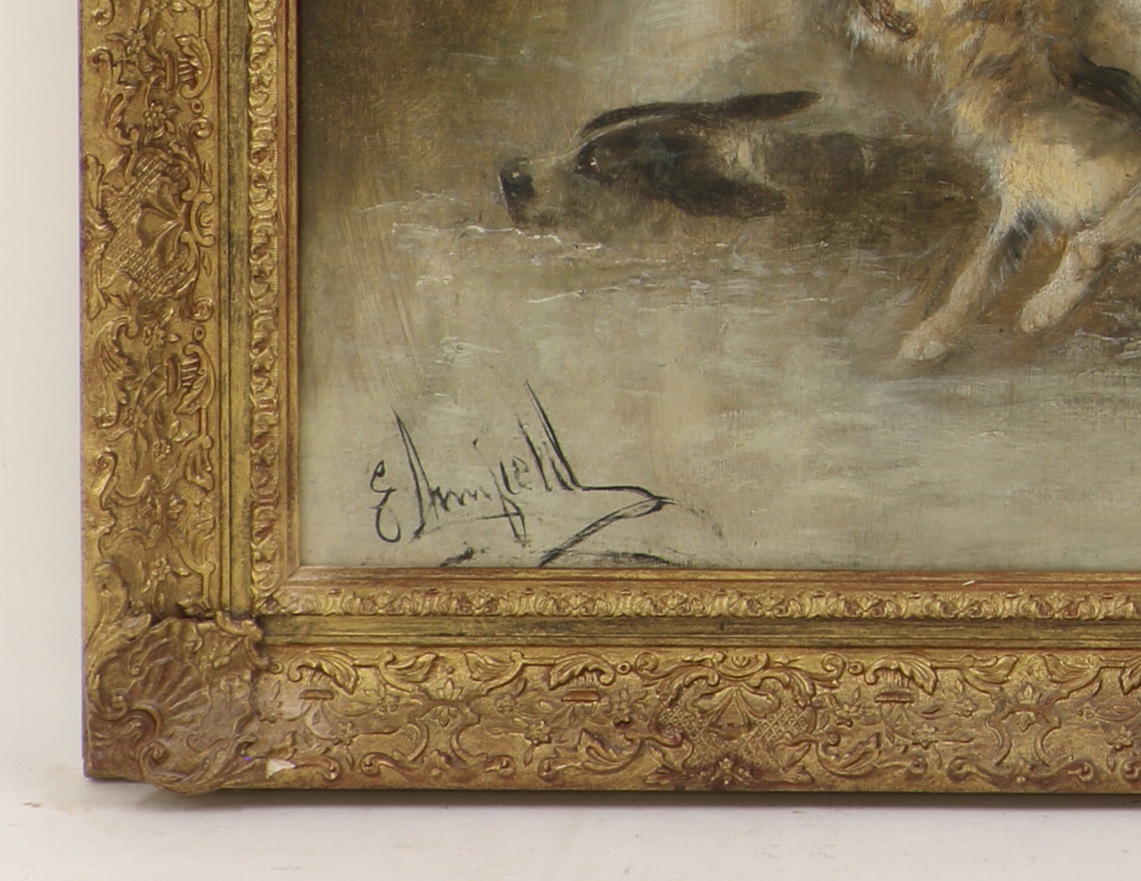 Artwork by Edward Armfield, Otter Hounds and Huntsman crossing the river, Made of oil on canvas