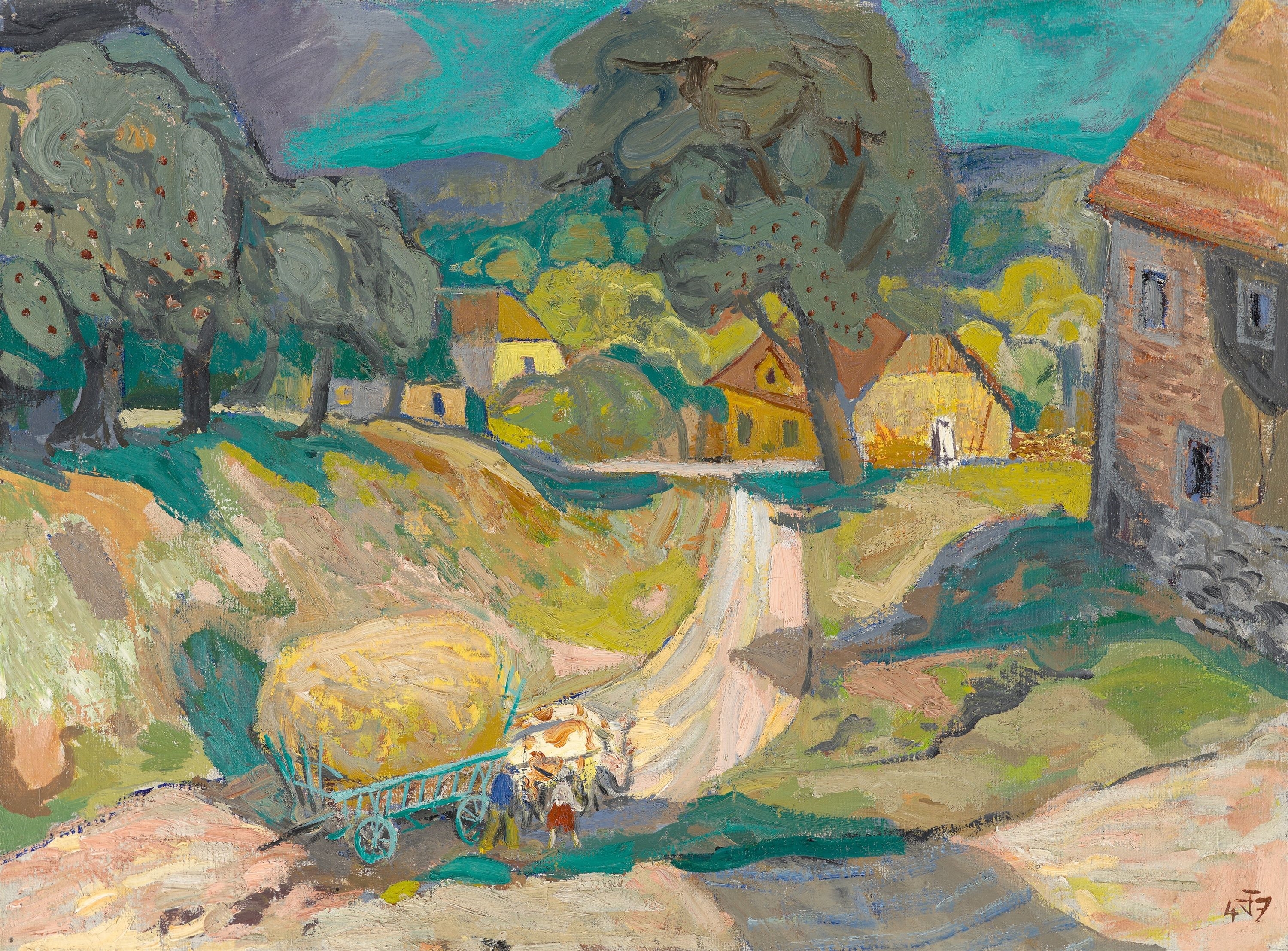 Artwork by Otto Dix, Village with harvest wagon – landscape., Made of Oil on canvas