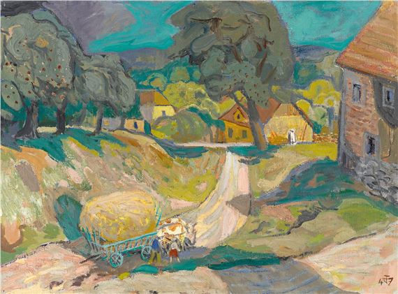 Village with harvest wagon – landscape. by Otto Dix, 1947