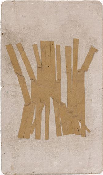 Brown strips of paper on grey plate. by Hermann Glöckner, 1959