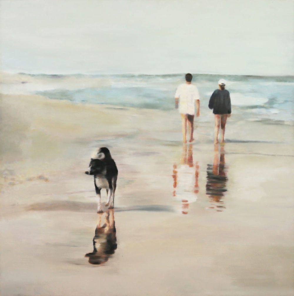 Artwork by Orly Maiberg, Figures and a Dog on the beach, Made of Oil on canvas