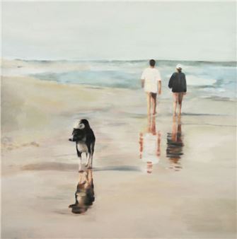 Figures and a Dog on the beach - Orly Maiberg