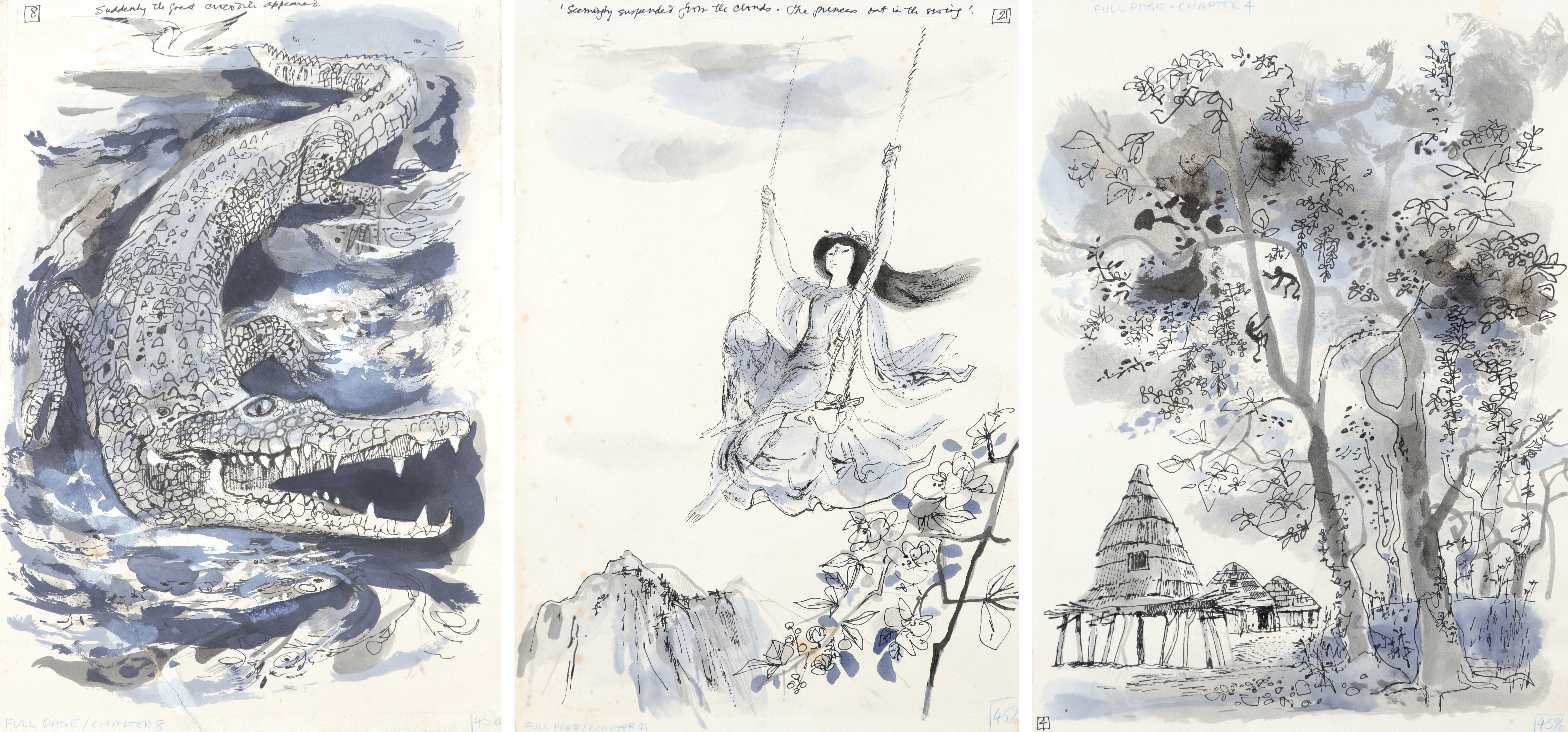 Artwork by William Stobbs, Studies for illustrations from 'The Whole World Storybook':, Made of pen and ink, and watercolour heightened (3)