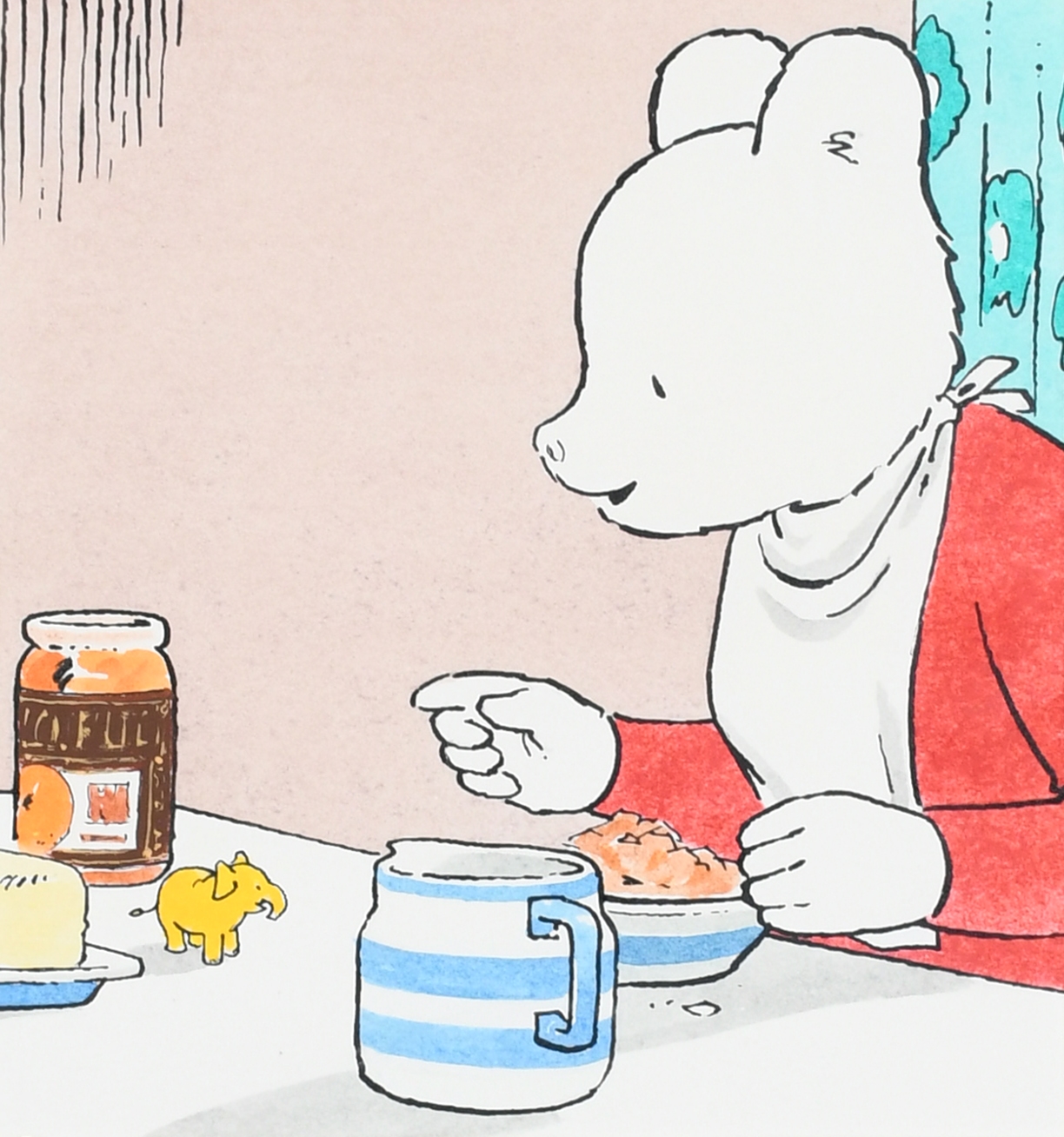 Artwork by Jon Davis, Illustration for 'Rupert the Bear': I'm Very Hungry, Says the Elephant, Made of Pen and ink, and watercolour