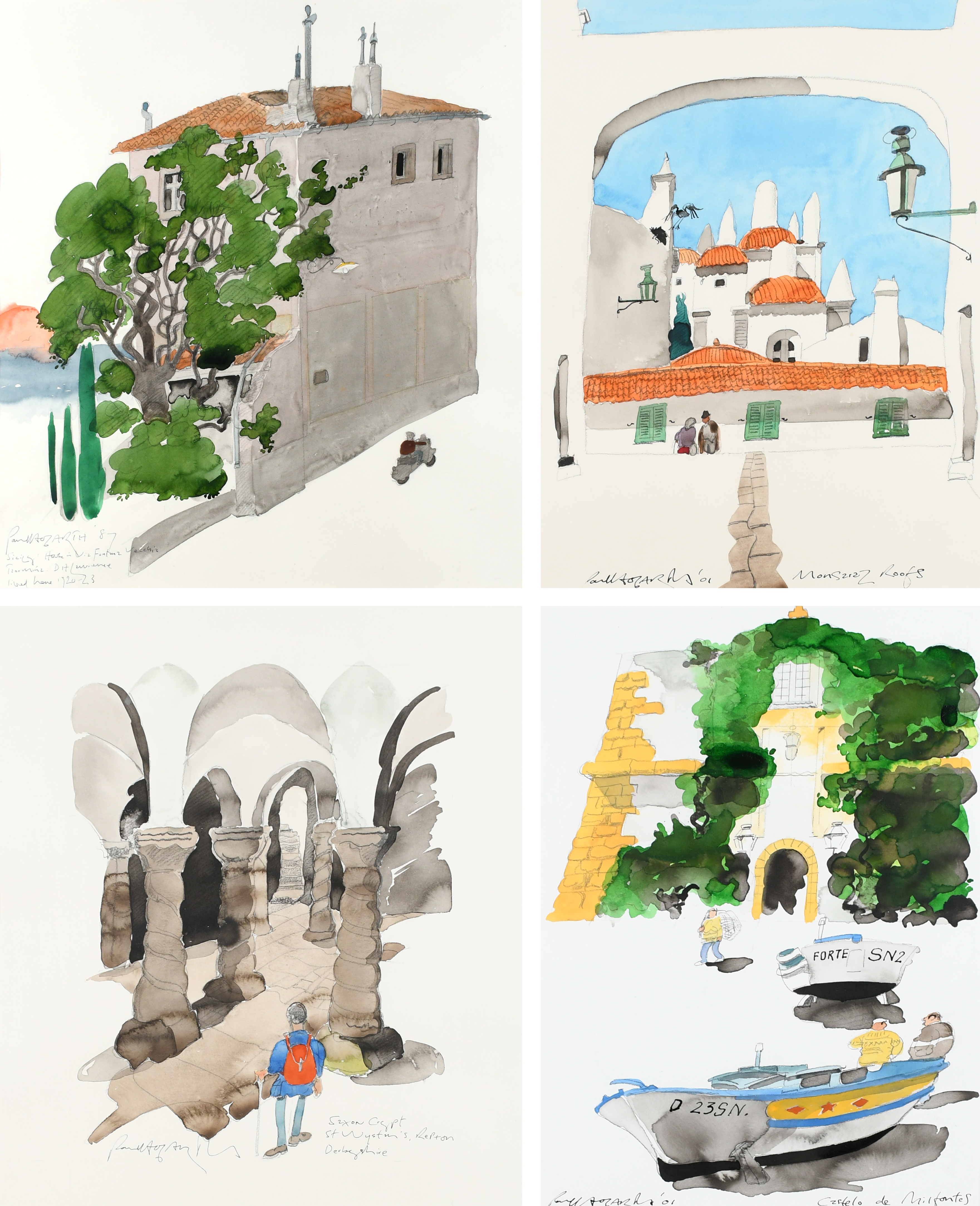 Artwork by Paul Hogarth, Fontana Vecchia, Taormina, Sicily; Saxon Crypt, St Wynstan's, Repton, Derbyshire; Monsaraz Roofs; Castelo de Milfontes, Made of watercolour over pencil (4)