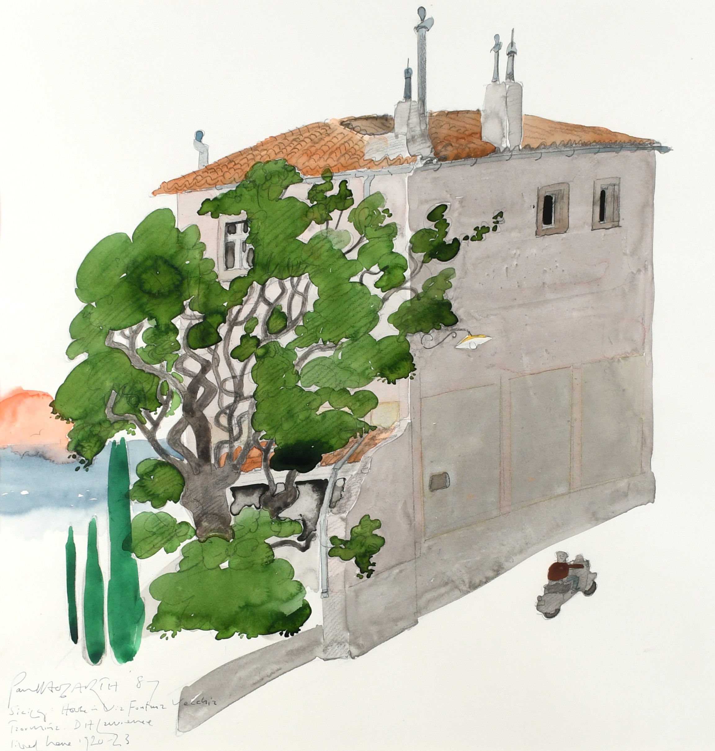 Artwork by Paul Hogarth, Fontana Vecchia, Taormina, Sicily; Saxon Crypt, St Wynstan's, Repton, Derbyshire; Monsaraz Roofs; Castelo de Milfontes, Made of watercolour over pencil (4)